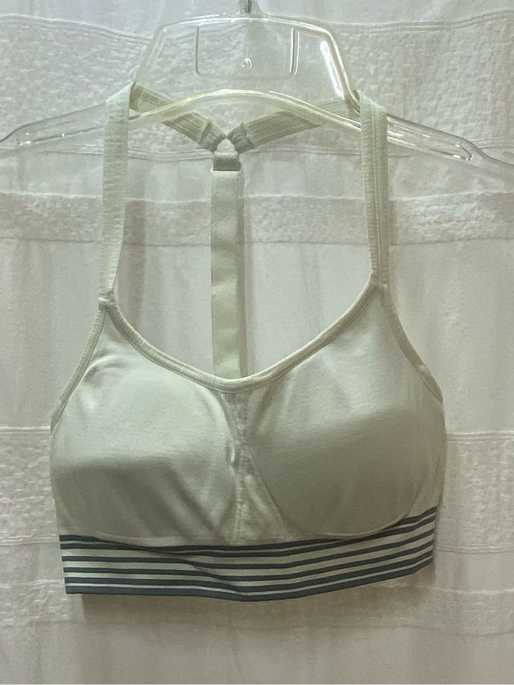 Athleta Light Cream Racerback Sports Bra with Navy Striped Band
